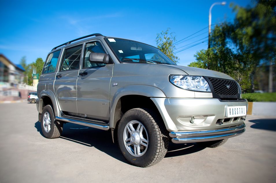 Защита RusStal переднего бампера d63/63 (дуга) для УАЗ Patriot 2005-2014. Артикул UPZ-000501