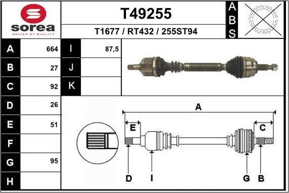 Полуось (привод в сборе, приводной вал) EAI. Артикул T49255