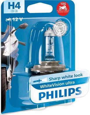 Лампа галогенная H4 12V 60/55W WhiteVision ultra moto блистер 1шт Philips WhiteVision ultra moto. Артикул 12342WVUBW