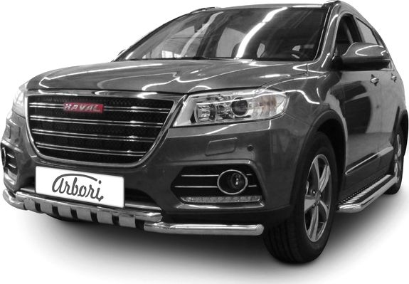 Защита Arbori переднего бампера d57+d42 двойная с декоративными элементами для Haval H6 2014-2020. Артикул AFZDAHAVH601