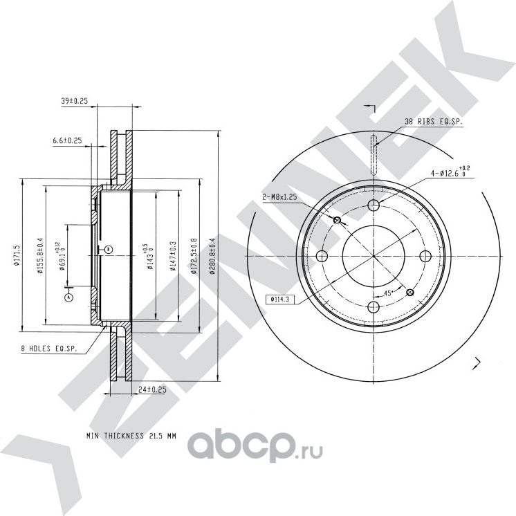 Диск тормозной передний MITSUBISHI CARISMA 95-06 VOLVO S40 95-04 (Zennek). Артикул DBD0172