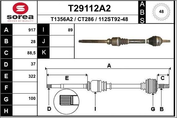 Полуось (привод в сборе, приводной вал) EAI. Артикул T29112A2