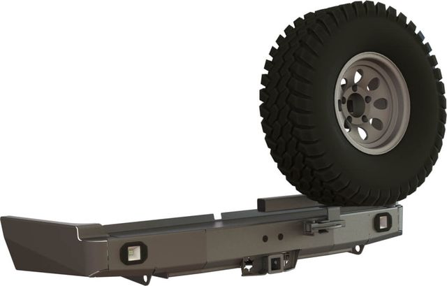 Бампер силовой задний STC для Toyota Land Cruiser 80 1990-1997 с квадратом под фаркоп, правой калиткой и фарами заднего хода/ ПТФ. Артикул STC-TLC80-BR-C2-L2