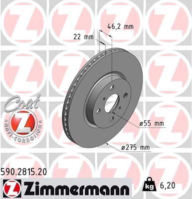 Тормозной диск Zimmermann Coat Z передний для Toyota Yaris III 2011-2014. Артикул 590.2815.20