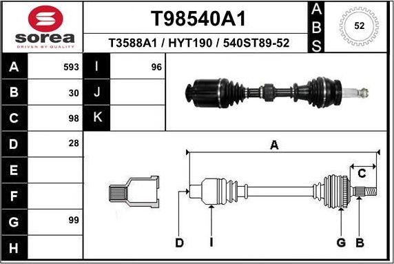 Полуось (привод в сборе, приводной вал) EAI. Артикул T98540A1