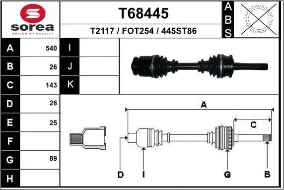 Полуось (привод в сборе, приводной вал) EAI передняя левая для Mazda B-series V 1999-2006. Артикул T68445