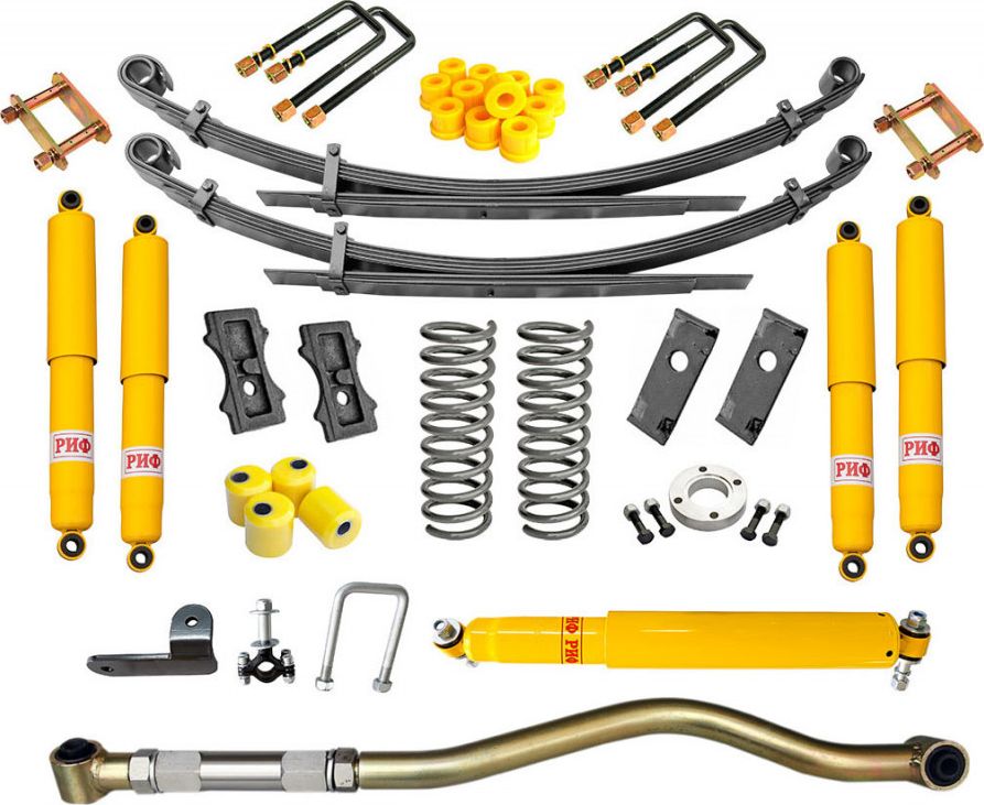 Лифт-комплект РИФ средний для УАЗ Hunter 2003-2026, лифт 50 мм нагрузка передних пружин - 100 кг, задних рессор - до 300 кг. Артикул RIF-Hun-C