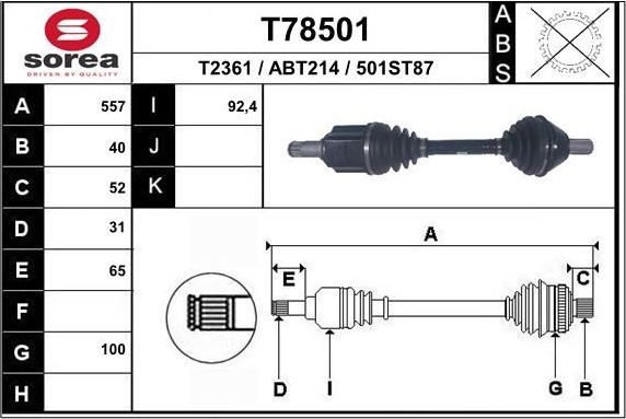 Полуось (привод в сборе, приводной вал) EAI. Артикул T78501