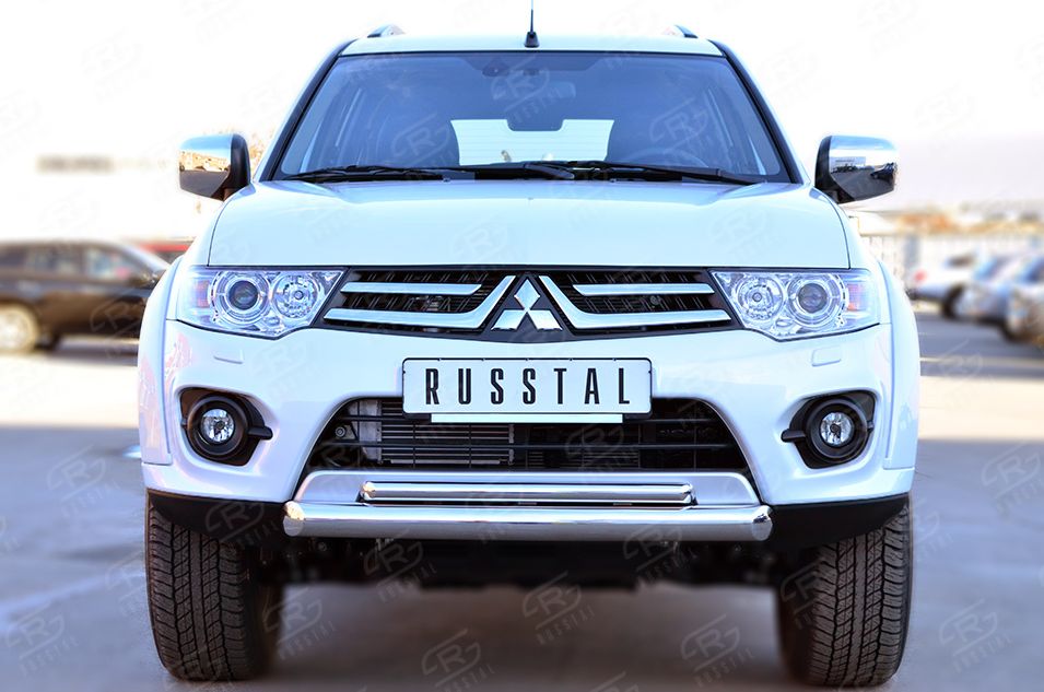 Защита RusStal переднего бампера d63 (секции) d42 (дуга) для Mitsubishi Pajero Sport II рестайлинг 2013-2016. Артикул MPSZ-001577