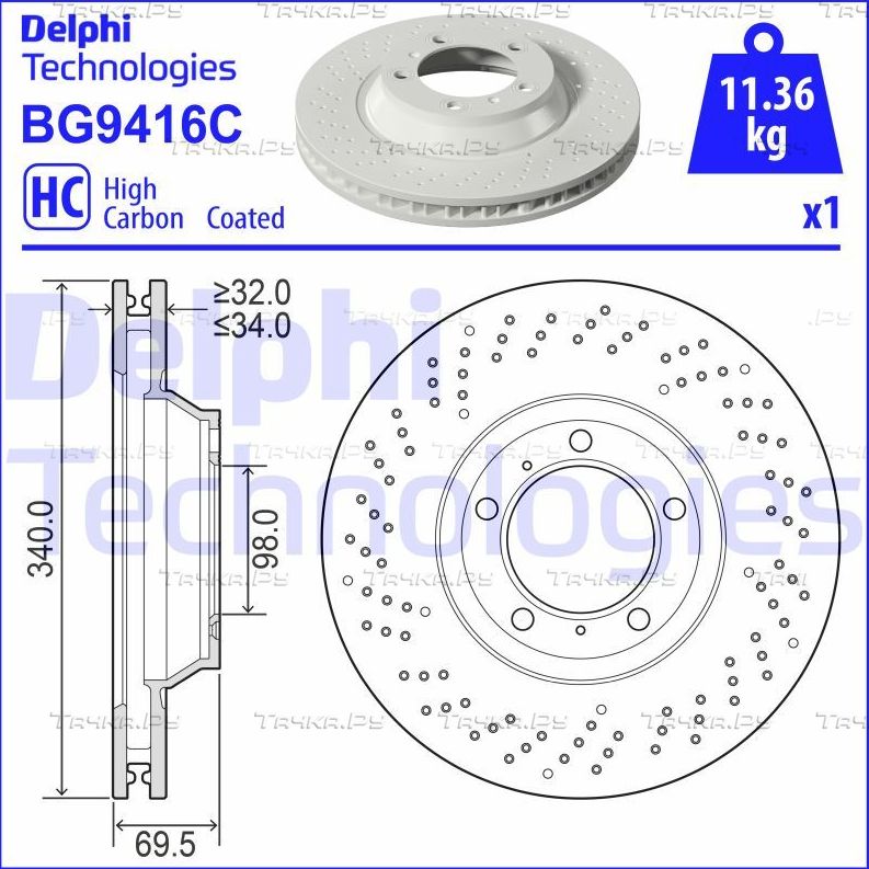 Тормозной диск Delphi передний правый для Porsche Boxster IV 718 (982) 2015-2026. Артикул BG9416C