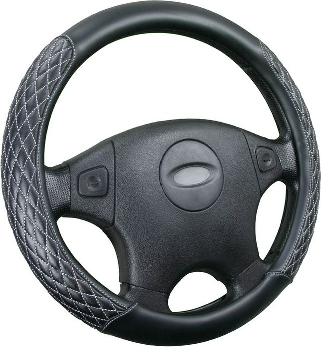 Оплётка на руль CarFashion Romb (размер M, экокожа, цвет ЧЕРНЫЙ/ЧЕРНЫЙ/СЕРЫЙ). Артикул 31552