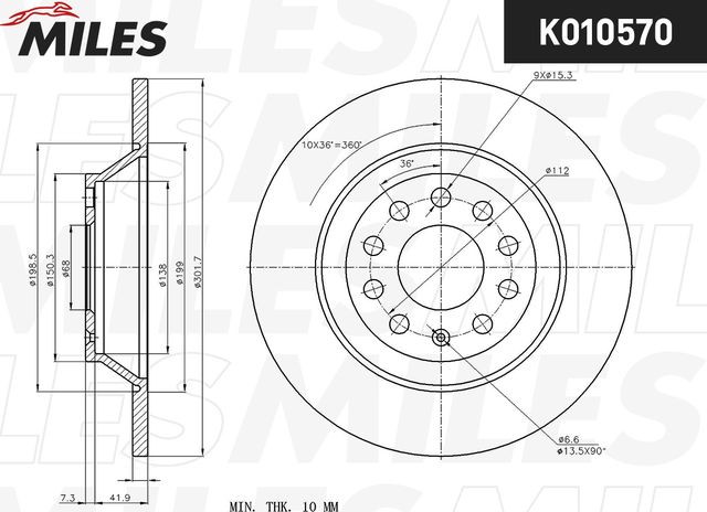 Тормозной диск Miles задний для Audi A6 III (C6) 2004-2011. Артикул K010570