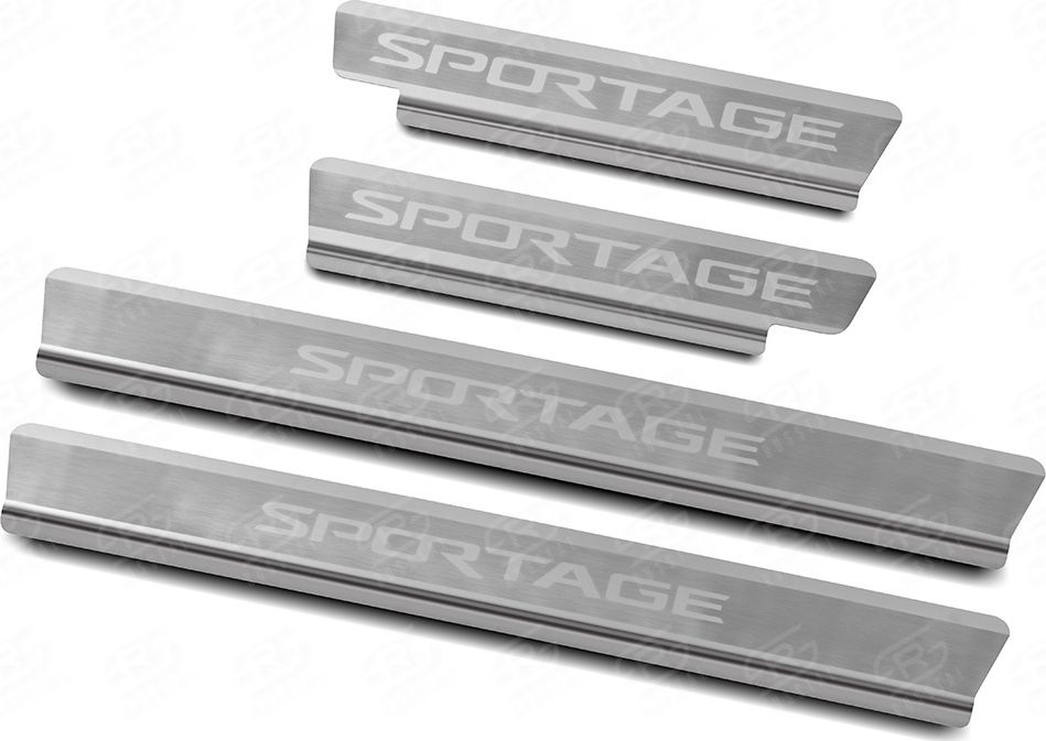 Накладки RusStal на пороги (лист нерж. шлифованный с надписью) для Kia Sportage V 2021-2026. Артикул KISP21-03