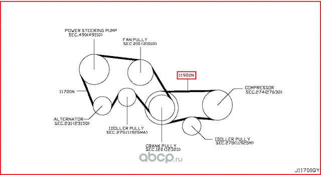 Приводной ремень поликлиновой Nissan. Артикул 11920AG900