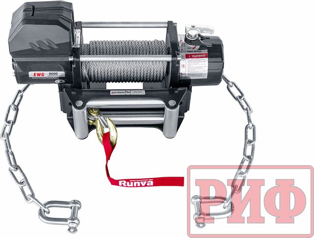 Переносная лебёдка РИФ: 12V Magnum 9000 lbs 4200 кг c облегчённой площадкой на цепях и проводами (стальной трос) РИФ. Артикул EWG9000U-KIT1
