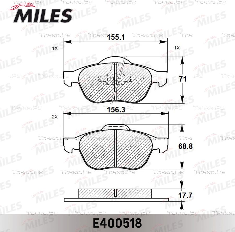 Тормозные колодки Miles (Low-Metallic) передние для Renault Espace IV 2002-2015. Артикул E400518