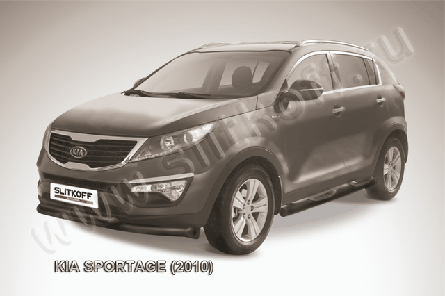Защита Slitkoff переднего бампера d76/57 двойная ЧЕРНАЯ матовая для Kia Sportage III 2010-2014. Артикул KSP010-002B