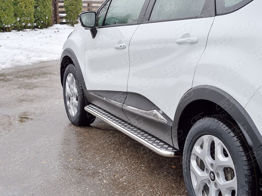 Защита RusStal порогов труба d42 с листом (Лист алюм, проф. нерж) (Вариант 1) для Renault Kaptur 2016-2026. Артикул RKPL-0024681