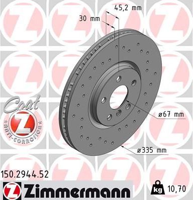 Тормозной диск Zimmermann Sport Coat Z передний для MINI Cabrio III (F57) 2014-2026. Артикул 150.2944.52