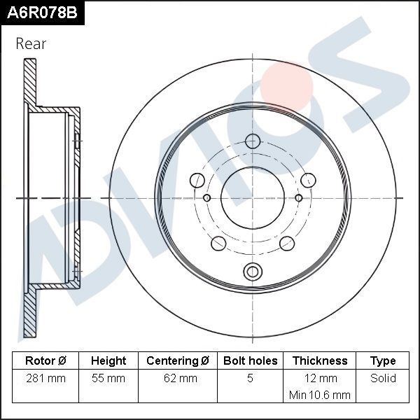 Тормозной диск Advics для Toyota RAV4 III (XA30) 2005-2013. Артикул A6R078B