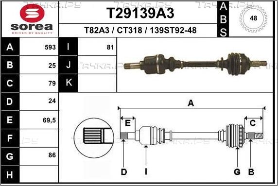 Полуось (привод в сборе, приводной вал) EAI. Артикул T29139A3