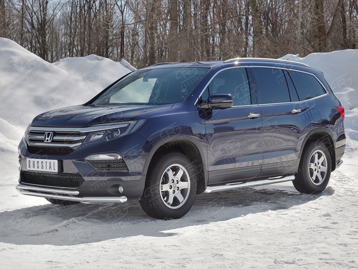 Защита РусCталь переднего бампера d63 секции-d42 дуга для Honda Pilot III 2016-2026. Артикул HPZ-002919