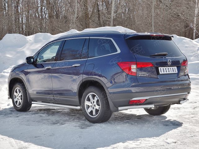 Защита РусCталь заднего бампера уголки d63 секции для Honda Pilot III 2016-2026. Артикул HPZ-002928