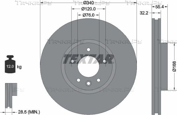 Тормозной диск Textar Pro+ передний для Volkswagen Transporter T6 2015-2026. Артикул 92230305