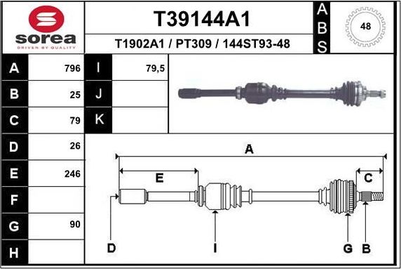 Полуось (привод в сборе, приводной вал) EAI. Артикул T39144A1