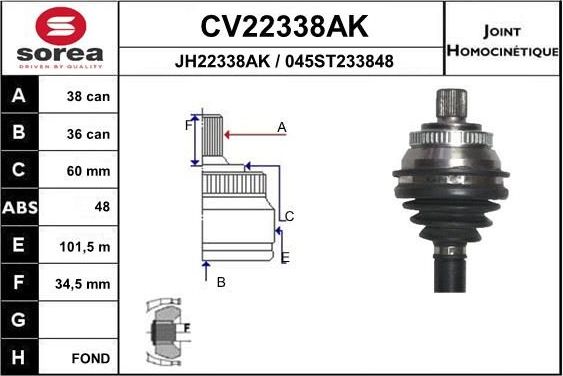 Шрус наружный (граната) EAI передний для SEAT Alhambra I 1996-2010. Артикул CV22338AK