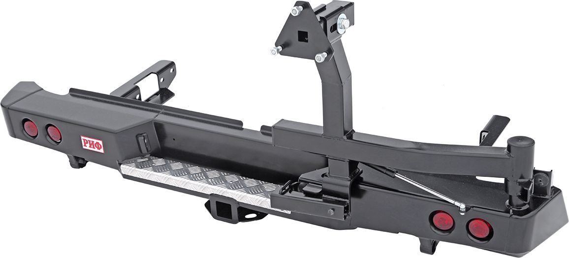 Бампер силовой РИФ задний с квадратом под фаркоп, калиткой и фонарями для Toyota Hilux VIII 2015-2026. Артикул RIFREV-20125