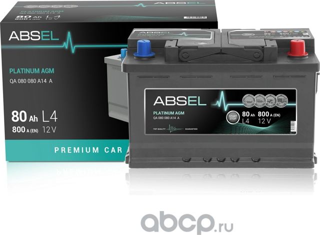 Аккумулятор ABSEL PLATINUM AGM 12V L4 80Ah 800A (0) ОП (легковая) type EURO (315 Absel. Артикул QA080080A14A