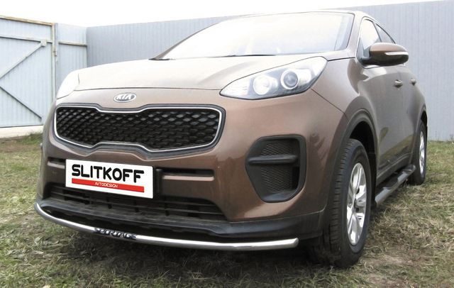 Защита Slitkoff переднего бампера d42 с надписью для Kia Sportage IV 2016-2018. Артикул KSP16-003