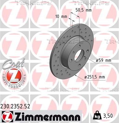 Тормозной диск Zimmermann Sport Coat Z задний для Fiat Croma I 1985-1996. Артикул 230.2352.52