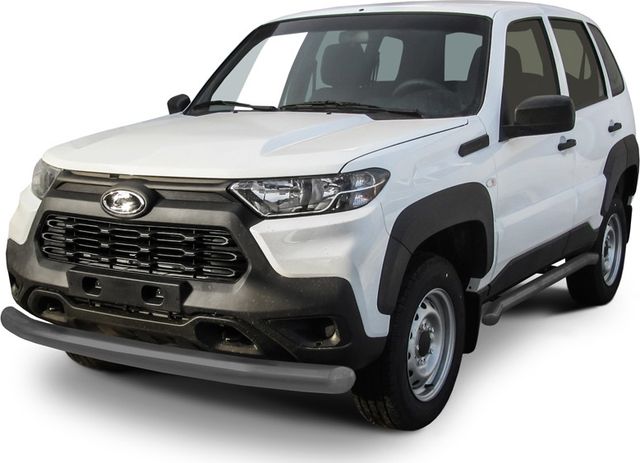 Защита Slitkoff переднего бампера d76 для Lada Niva Travel 2020-2026 Серебристая. Артикул NivTR004S