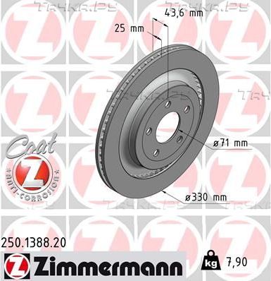 Тормозной диск Zimmermann Coat Z задний для Ford Mustang VI 2015-2026. Артикул 250.1388.20