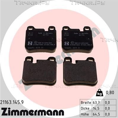 Тормозные колодки Zimmermann pb:z задние для Porsche 911 IV (993) 1992-1994. Артикул 21163.145.9