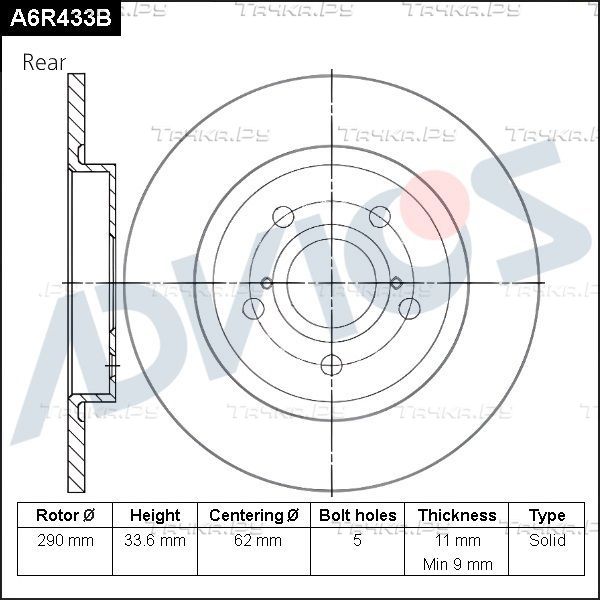Тормозной диск Advics задний для Toyota Avensis III 2008-2018. Артикул A6R433B