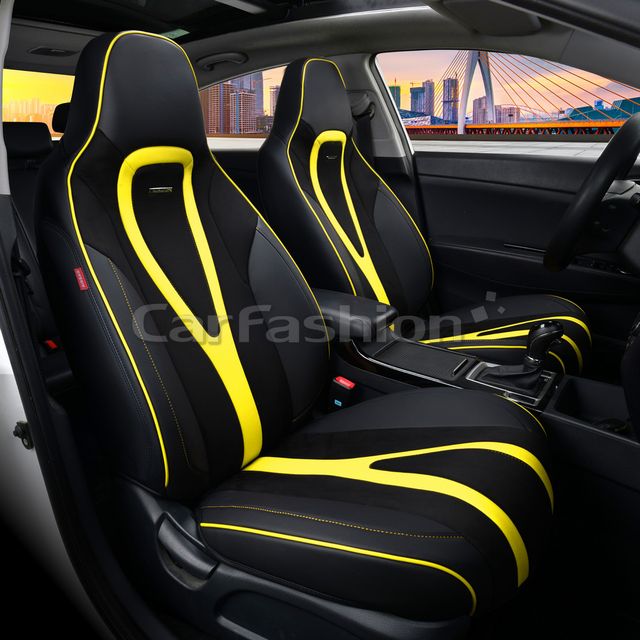 Чехлы универсальные каркасные CarFashion 5D Integral на передние сидения авто, цвет Черный/Черный/Желтый. Артикул 26160