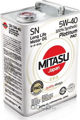 MITASU 5W40 4L МАСЛО МОТОРНОЕ PLATINUM PAO SN/API SN/CF ACEA A3/B4/С3 VW 505.01,. Артикул MJ1124