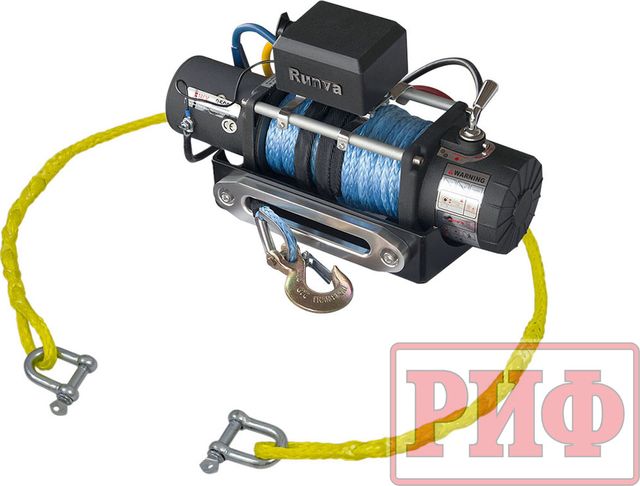 Переносная лебёдка РИФ: 12V Runva 9500 lbs 4350 кг c облегчённой площадкой на цепях и проводами (синт. трос). Артикул EWX9500SR-KIT1