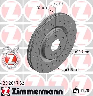 Тормозной диск Zimmermann SPORT Z передний для Opel Insignia II 2017-2026. Артикул 430.2647.52