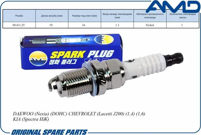 Свеча зажигания (Nickel) DAEWOO (Nexia) CHEVROLET (Lacetti/Lanos/Aveo) KIA AMD AMD.PL33 AMD. Артикул AMD.PL33