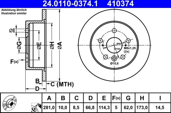Тормозной диск ATE для Toyota Avalon IV 2012-2018. Артикул 24.0110-0374.1