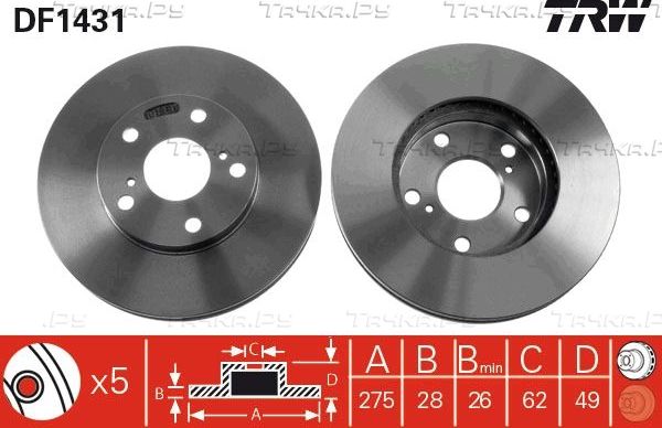 Тормозной диск TRW передний для Toyota Gaia 1998-2003. Артикул DF1431