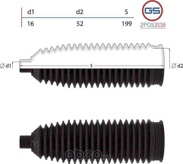 Пыльник рулевой рейки размер  16x52x199 (GS). Артикул 2PGS3118