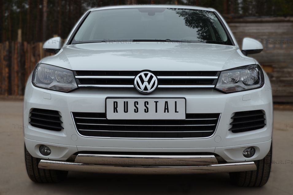 Защита RusStal переднего бампера d75х42/75х42 овалы (дуга) для Volkswagen Touareg II до рестайлинга 2010-2013. Артикул VTZ-001069