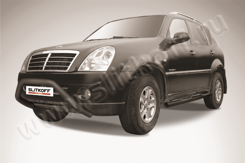 Кенгурятник Slitkoff d57 широкий мини ЧЕРНЫЙ матовый для SsangYong Rexton II 2010-2012. Артикул z