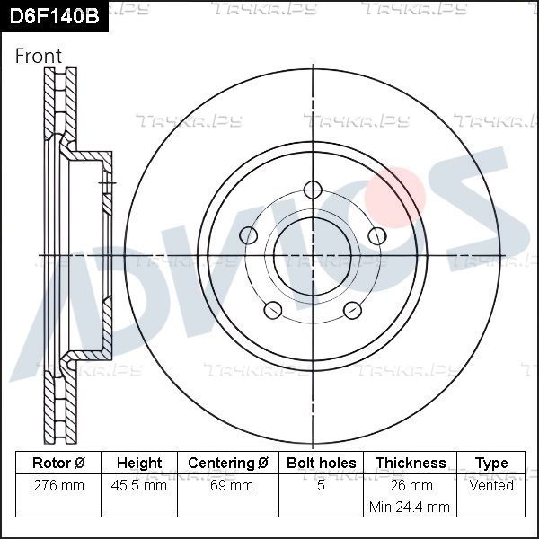 Тормозной диск Advics для Mitsubishi Airtrek 2003-2007. Артикул D6F140B