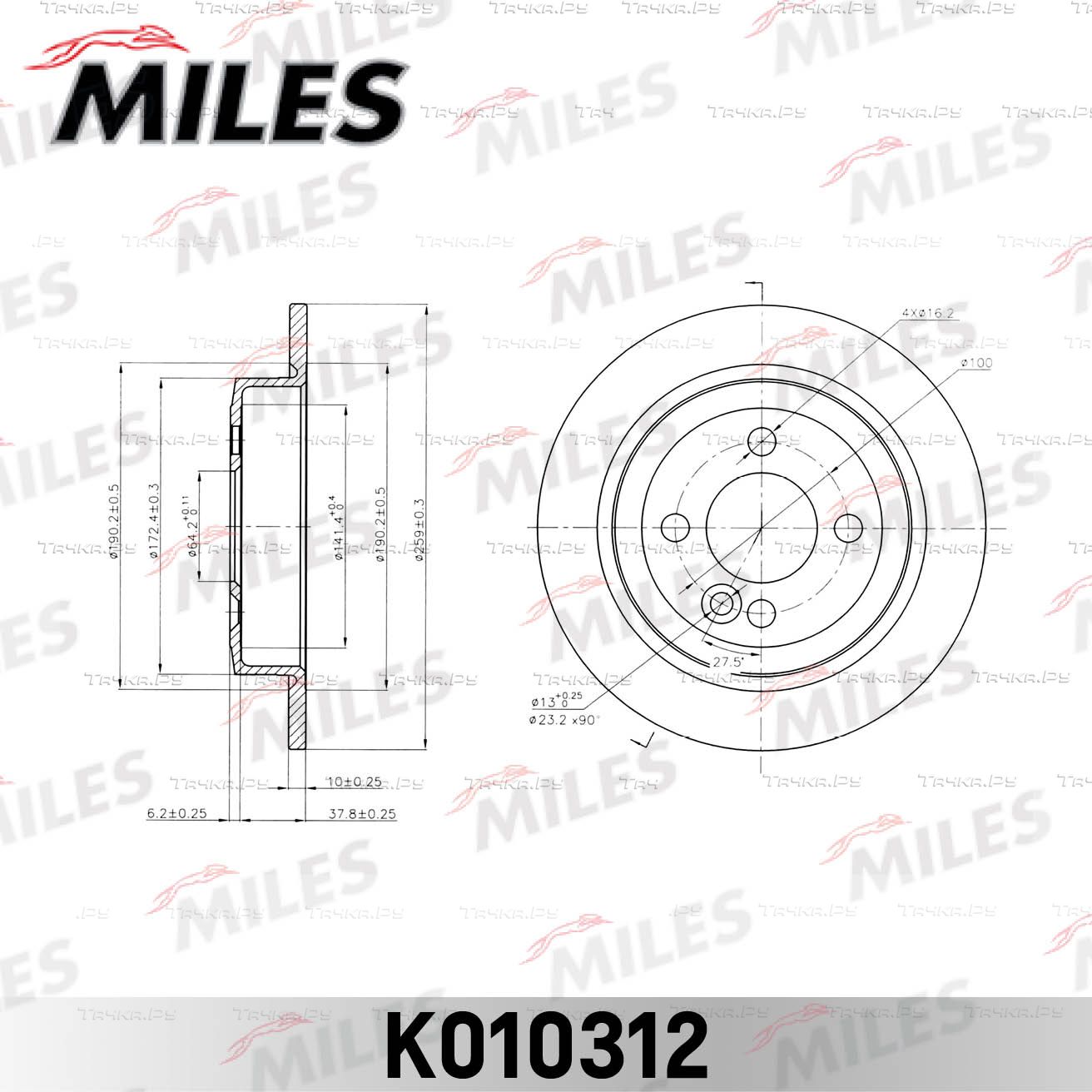 Тормозной диск Miles задний для MINI Clubman I (R55) 2007-2014. Артикул K010312